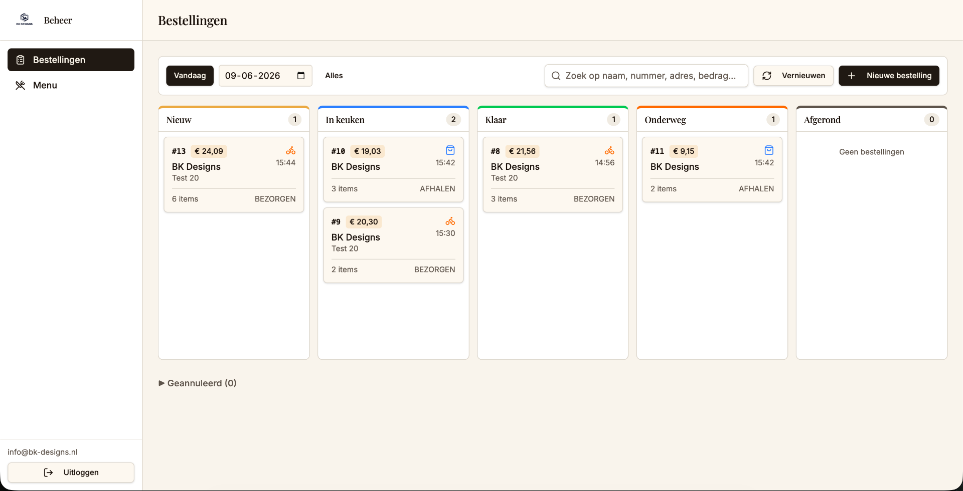 Bestellingen dashboard — live overzicht van inkomende bestellingen
