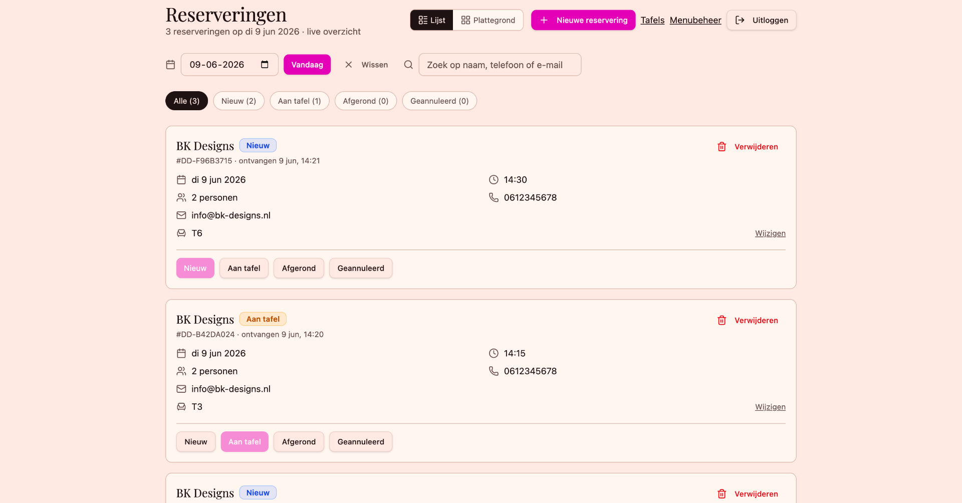 Reserveringen — lijstweergave in het admin dashboard